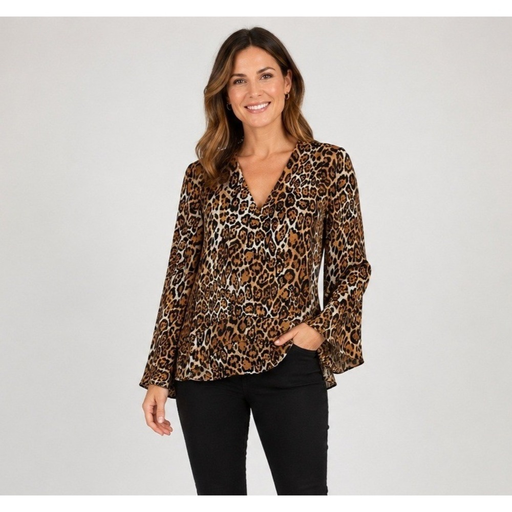 Boston Proper Top Womens 2 Brown Animal Print Mob Wife Satin Polyester